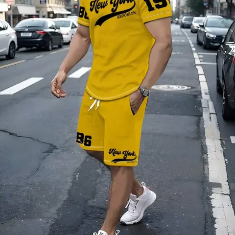 Summer Short-Sleeve T-shirt and Shorts Matching set, Casual Sporty Set, Menswear, Men's Fashionable Casual Fitted Breathable Soft Logo Print Crew-Neck Set, Outfit, Clothes