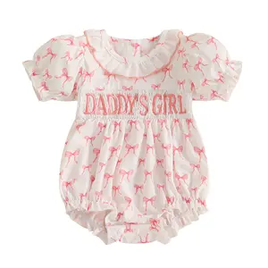 Baby Girls Rompers Letter Embroidery Bow Print Ruffles Round Neck Short Sleeve Infant Bodysuits Jumpsuits