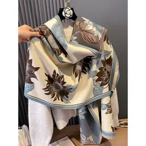Sunflower Pattern Double Sided Soft Warm Scarf, Boho Style Thick Warm Shawl for Women, Fashion Accessories for Fall & Winter