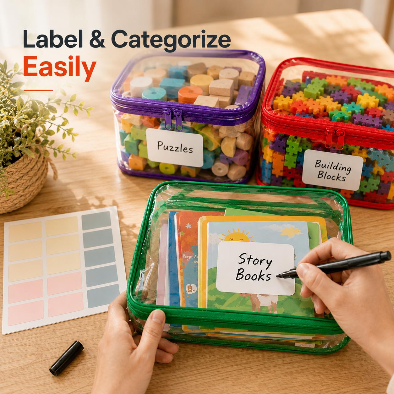 6-Pack Colorful Toy Storage Bags with Labels and Marker, Clear Waterproof PVC Organizer Bags for Building Blocks, Puzzles, Kids’ Crafts