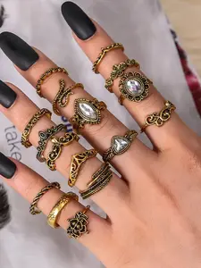 Vintage Hollow Carved Snake Leaf Zircon Ring Set, Stackable Rings, Elegant Women Jewelry Design, Perfect Gift Choice, 16 Piece Series