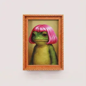 Funny Frog Magnet with Bob Haircut - Weird Core Fridge Decor - Cute Meme Gift for Bestie & Coworker Wooden Refrigerator Decorating Magnet