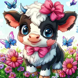 5D Full Drill Diamond Painting Kit - Cute Cartoon Cow with Pink Bows & Butterflies, Round Acrylic Diamonds, Diamond Art Tools, DIY Art for Home Wall Decor, Ideal Gift for Cartoon & Craft Enthusiasts