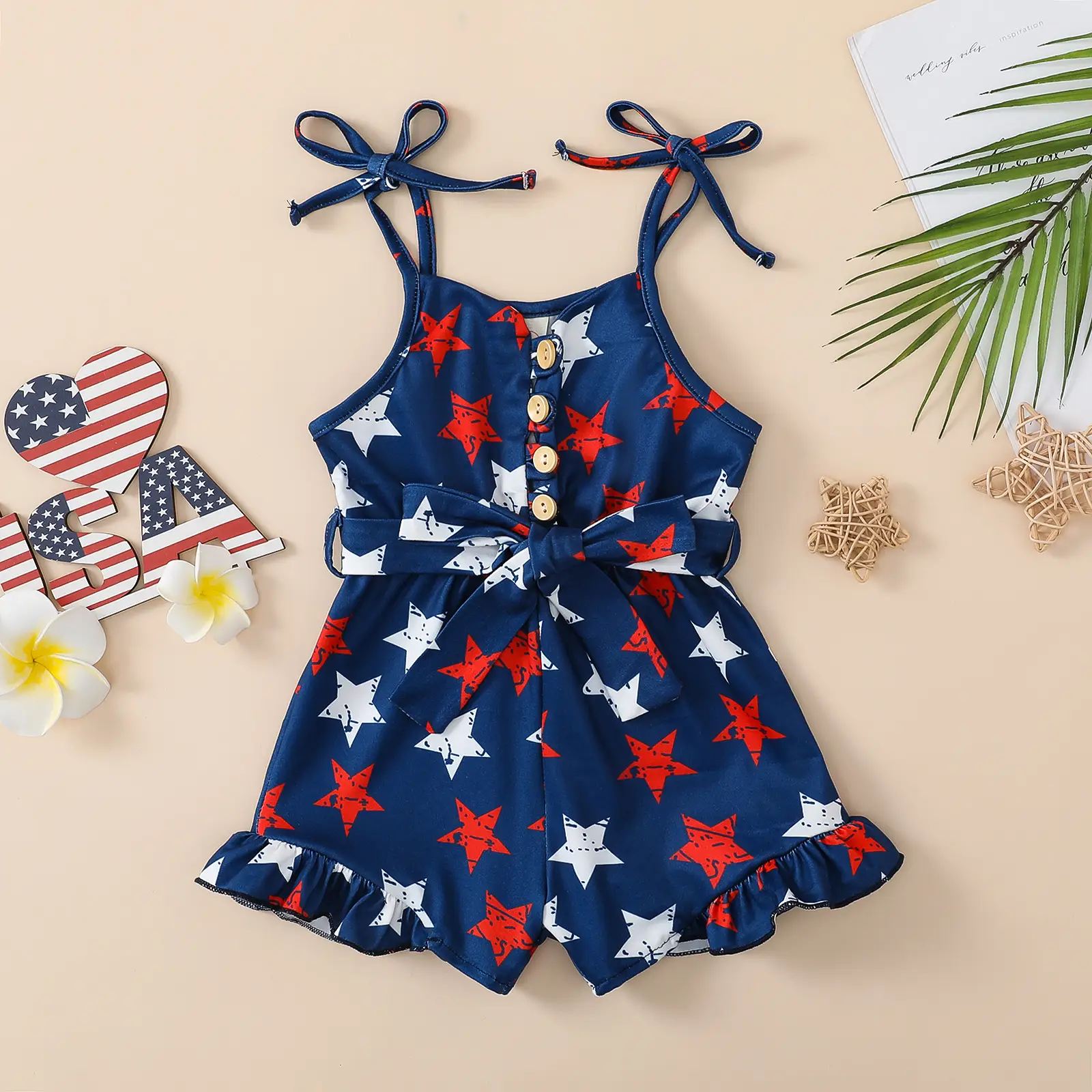 Girls 4th Of July Outfit Independence Day Star Print Shorts Overalls Romper Jumpsuit With Belt