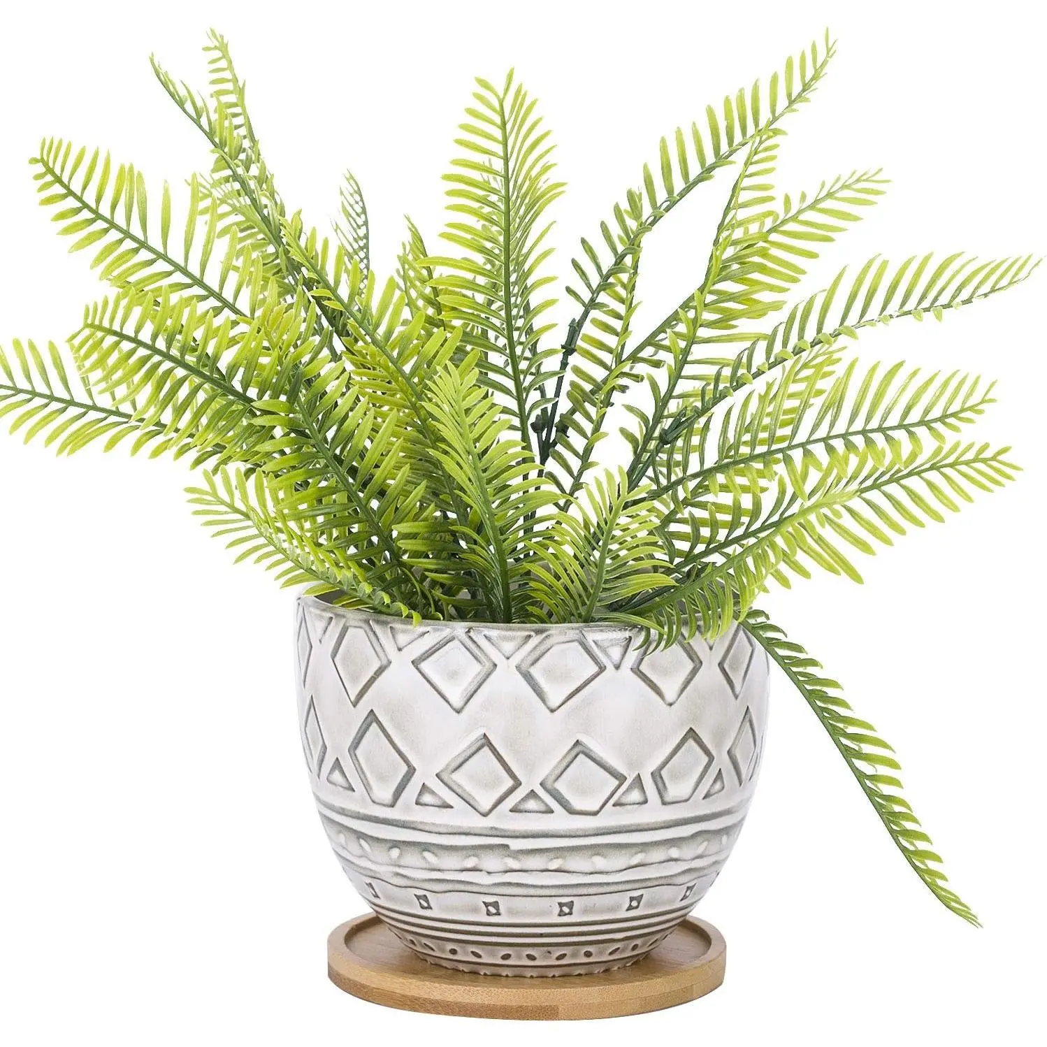5.5 inch Large Round Bohemian Style Ceramic Planter, Geometry Engrave  Brown Succulent Planter Flower Pot - Indoor Outdoor Decorative Planter