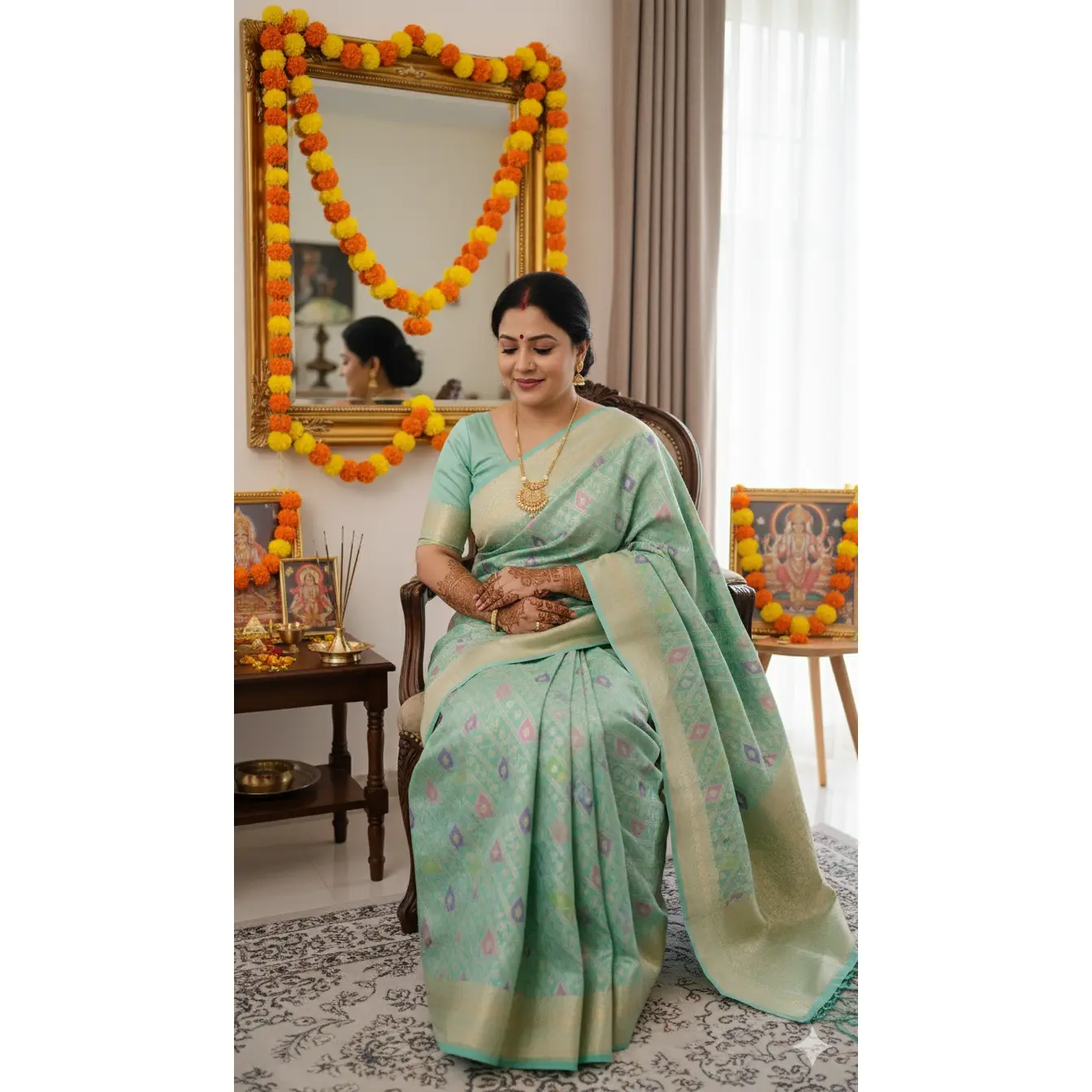 Sea Green Katan Silk Rangkart Banarasi Saree with Gold Zari