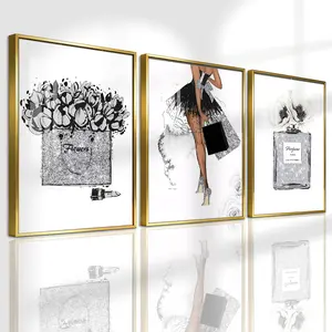3 Counts Aluminum Alloy Framed Painting, Fashion Girl Perfume And Flower Art Prints, Home Decoration For Living Room, Bedroom, Office, Restaurant, Hallway Wall Decor, Odorless Print Artwork, Luxury Perfect Gift For Friends And Family