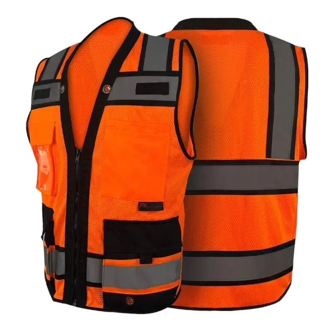 Orange Surveyor Hi Vis Reflective Safety Work Vest - Polyester, Breathable, Rear Tablet Pocket, Protective Workwear Safety Vest, Reflective Safety Vest