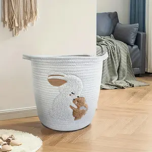 Cartoon Cotton Rope Rabbit Storage Basket | Large Capacity Weaving Basket for Laundry, Home Use, Round Shape, Contemporary Style, Laundry Baskets