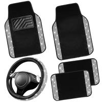 Silver Car Floor Mats + Steering Wheel Cover