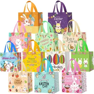 12Pack Easter Bags with Handles for , Bunny Carrot Chick  Easter Egg Hunt Bags, Non-Woven Easter Baskets for Gifts Wrapping, Easter Egg Hunt, Easter Party Favors, 8.3x7.9x5.9inch