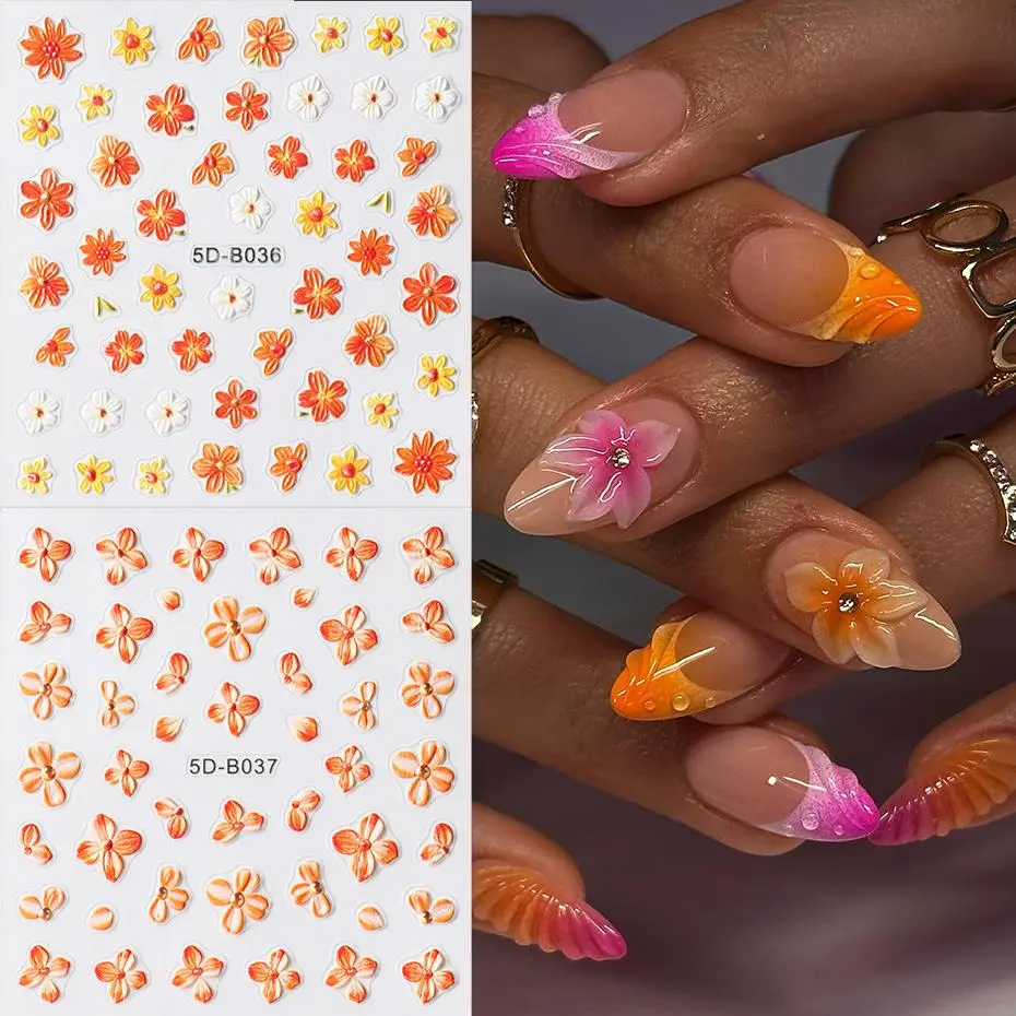 2pcs Orange Flower Nail Sticker Decals Charms Autumn Flowers Bloom Nail Art Adhesive Slider Decorations Accessories Manicure