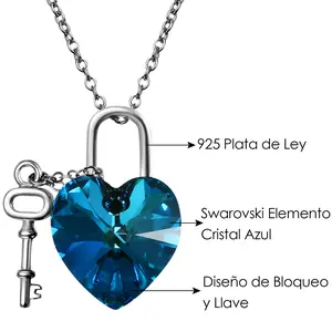 OIDEA Heart Lock and Key Crystal Necklace, Bermuda Blue Pendant Jewelry with Adjustable Chain for Everyday Outfits and Gift Giving
