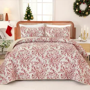 Queen Size, Christmas Red Bedding Set with 2 Pillowcases, Botanical for Queen Bed, Soft Microfiber Lightweight Coverlet Bedspread for All Season (96"*90", 3 Pieces)