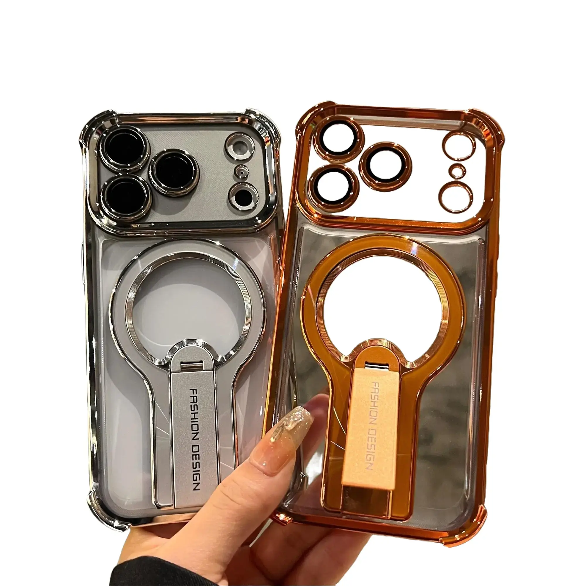 Luxury Glossy Transparent Electroplated Polycarbonate Shockproof Case for iPhone 16-17 Pro Max - Metal Folding Magnetic Stand, 4-Corner Airbag Anti-Drop, Fingerprint-Proof, Abrasion Resistant, Portable Wireless Cover