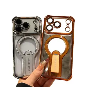 Electroplated four-corner airbag anti-drop phone case| Spherical Metal Folding Magnetic Stand| Compatible with iPhone 17/16 Pro Max