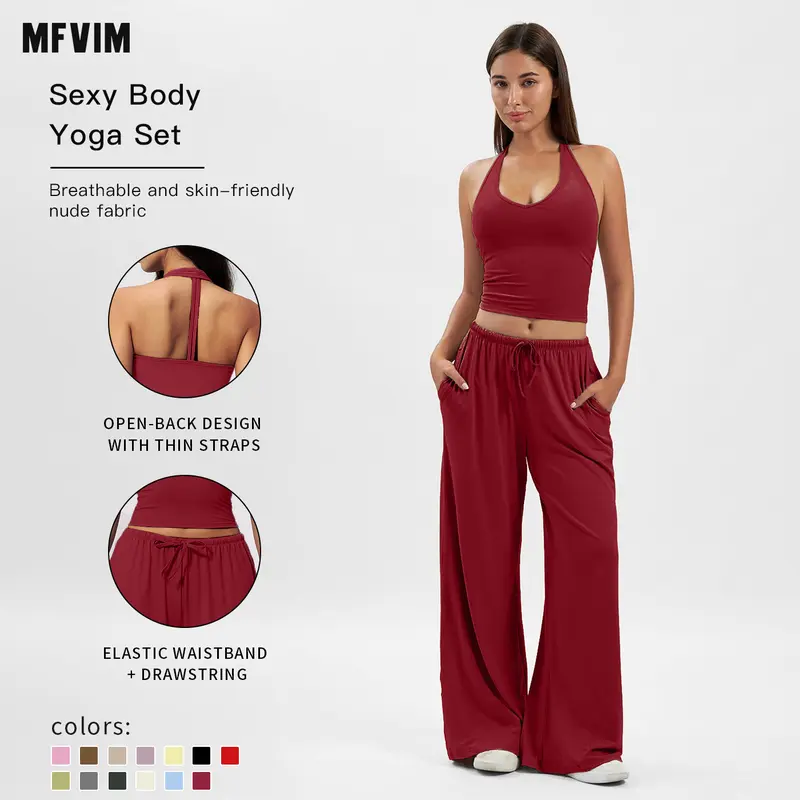 MFVIM Women's Fitted 2-Piece Quick Dry Fitness Set - High Waisted Pants, Padded Stretch Sports Bra (Workout Tops), Breathable Solid Athletic Wear for Gym, Running, Summer Travel