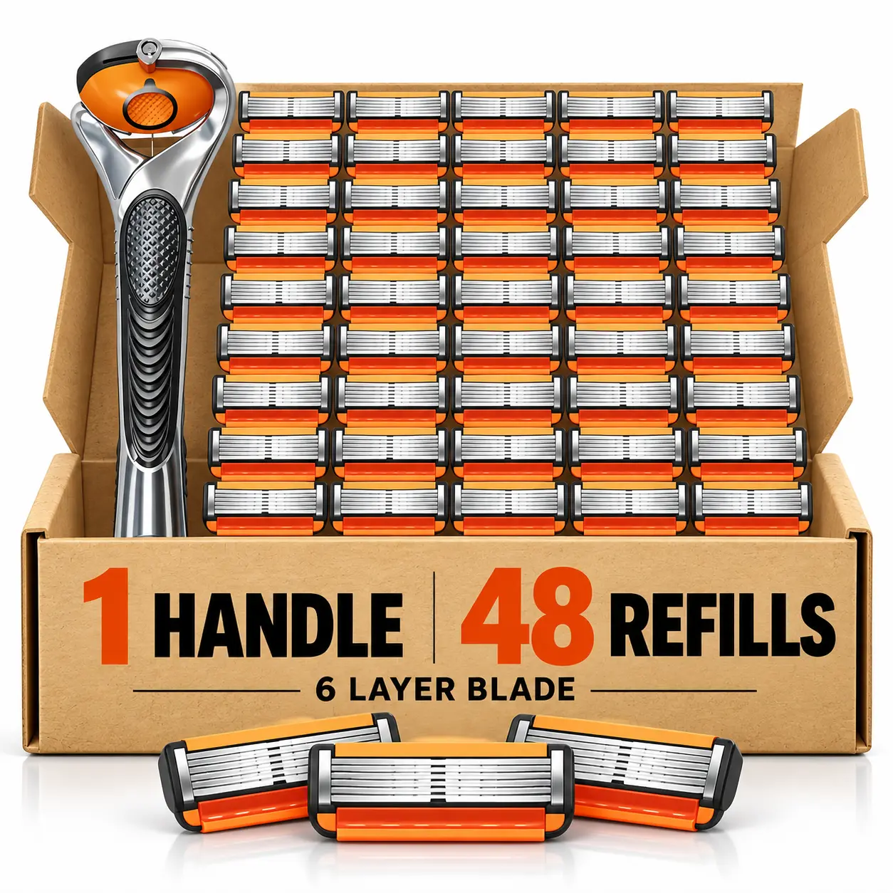 Men's 6 Layer Blade Safety Razor Set, 1 Handle with 24/48 Replacement Refills, Classic Manual Shaver for Beard Grooming, Comfortable Facial Shaving Tool for Daily Use, Grooming Gift for Him