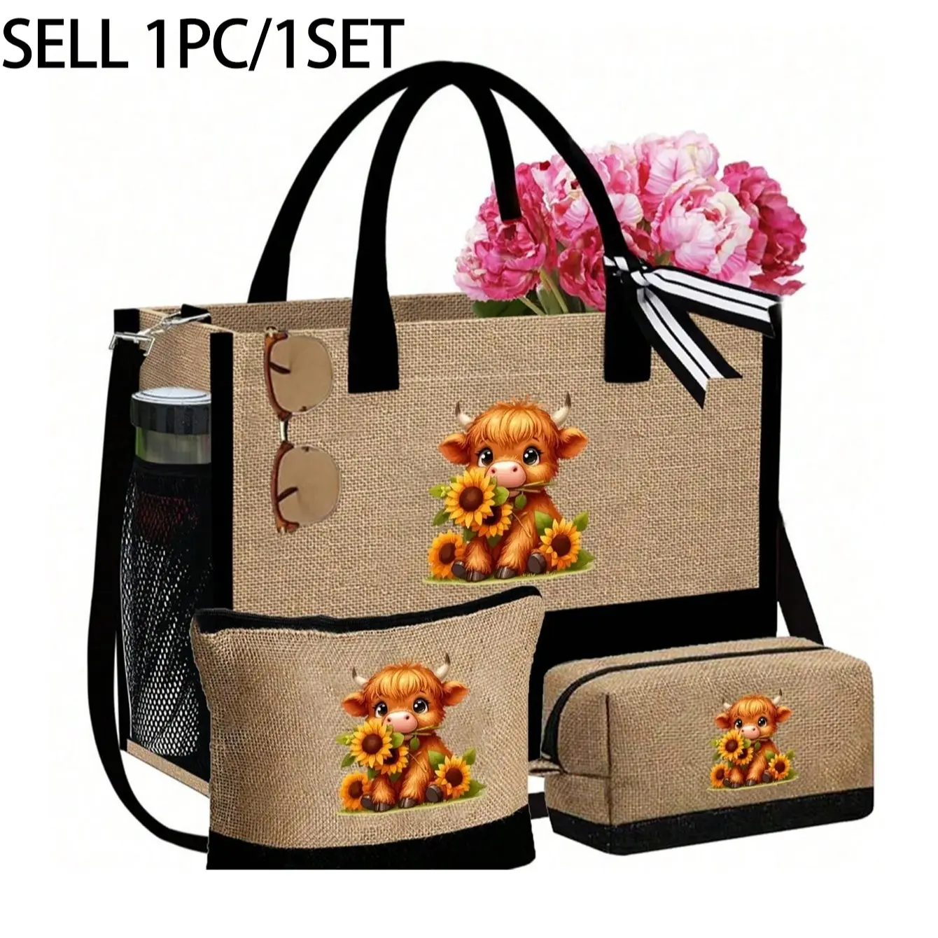 Cute Highland Cow Handbag Set, Cow Print Purse, Includes One Handbag and Coin Purse, Large Capacity, Shoulder Bag, Linen Shopping Bag, Beach Bag, Fashionable Handbag, Casual Trendy Handbag