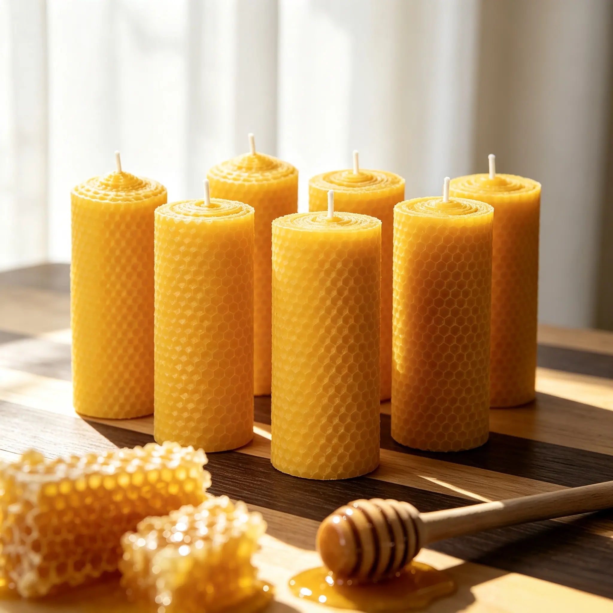 Hand-rolled honeycomb beeswax pillar candle 10×3.5cm, made of natural pure beeswax, burns cleanly, with a natural honey scent. Perfect for Halloween, Christmas, holiday decorations, weddings, gift sets, home decor, and altar rituals.