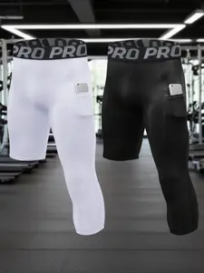 Men's Letter Tape Asymmetrical Pocket Capris Leggings, High Stretch Tummy Control Butt Lifting Shapewear for All Seasons, Compression Pants for Running Gym Workout