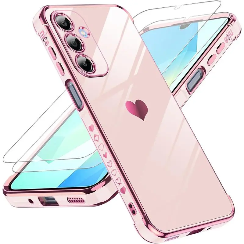 Samsung Galaxy A16 5G Case with Tempered Glass Screen Protector & Full Camera Lens Protection, Love Heart Plating, 2 Pcs, Soft TPU Casing
