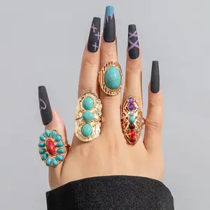 4 Pcs Bohemian Vintage Turquoise Oval Flower Rings for Women Geometric Ethnic Natural Stone Adjustable Silver Joint Knuckle Rings Western Cowgirl Statement Jewelry
