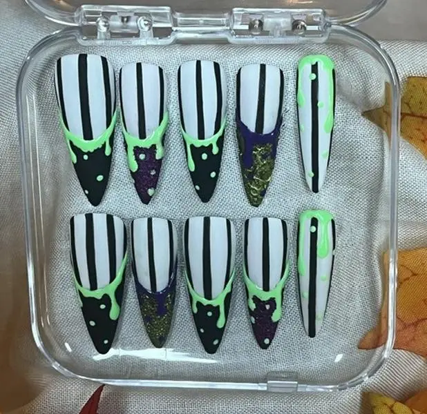 Beetle Juice themed Power Press-on Nails, Reusable Nail Art