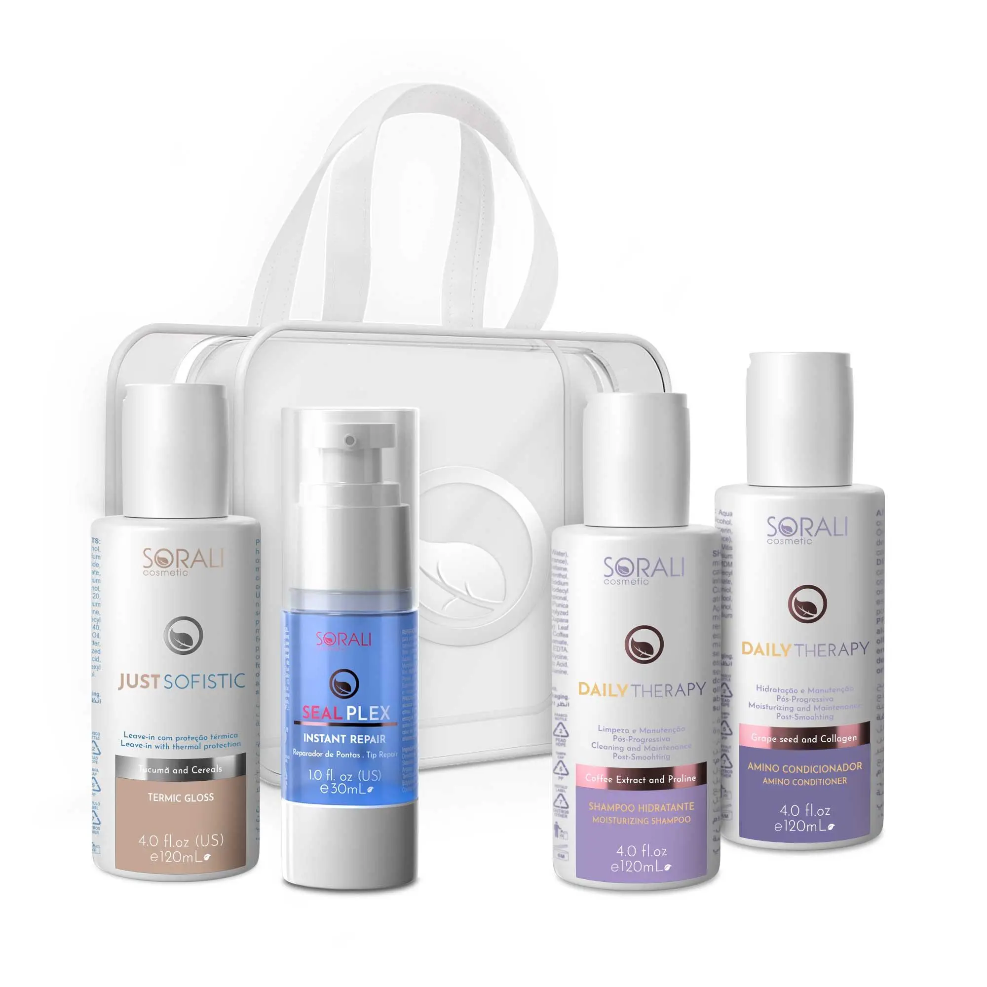 Sorali Travel Kit - Mini Hair Care Set with Daily Therapy Shampoo & Conditioner, Just Sofistic Thermal Shine, Amino Plex Split End Sealer, Exclusive Sorali Bag
