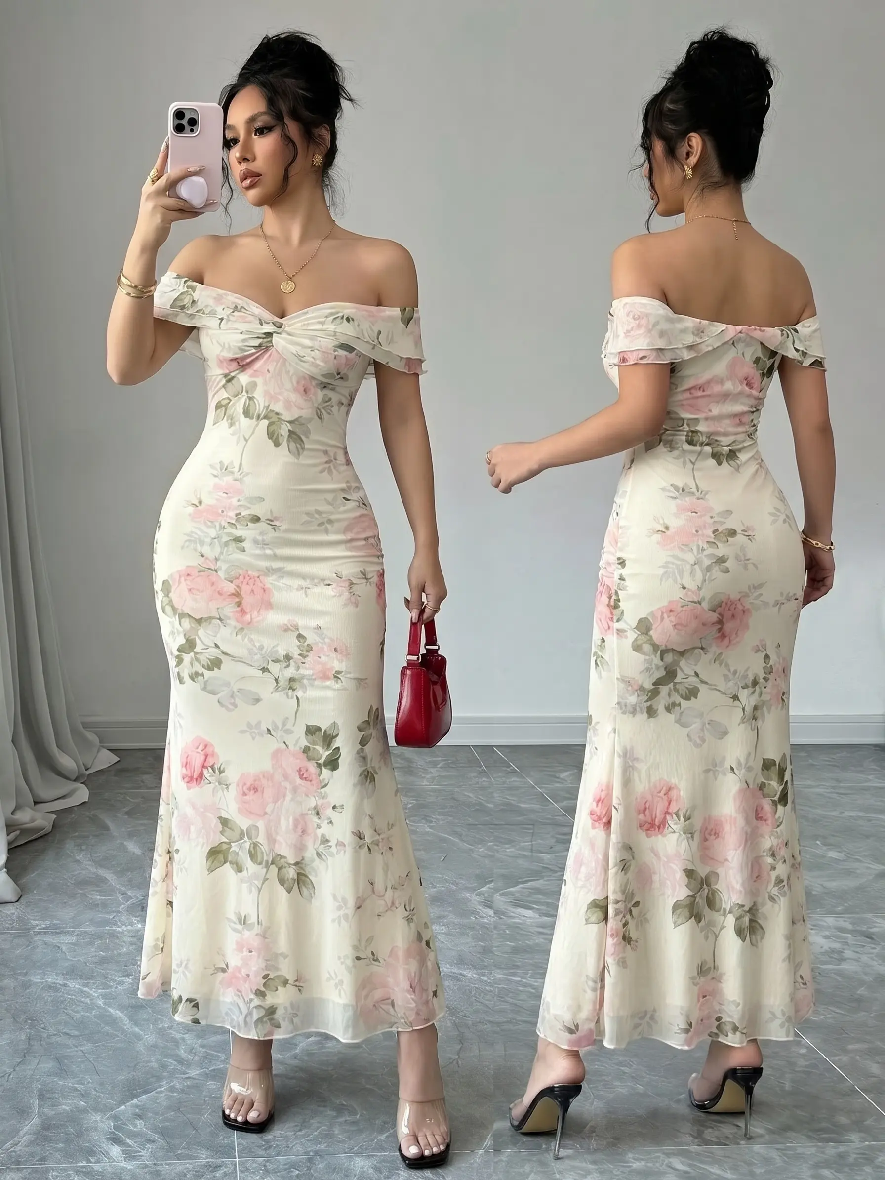 Women's Lady's Casual Clothes Off-Shoulder Twist-Knot Floral Mermaid Maxi Dress - French Soft Style, Slim-Fit Bodycon, Vacation/Date Wear, Pink Rose Tones