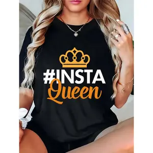 Women's Black #INSTA Queen Crown Graphic T - Shirt, Casual Social Media Inspired Tee for Daily Wear, Ideal for Instagram Enthusiasts & Fashionable Ladies