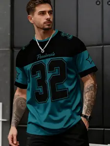 Men's Summer Round Neck Short Sleeve Casual Fashion Fitted T-Shirt, Two-Tone Patchwork Number 32 Pattern, Breathable Versatile Top Menswear