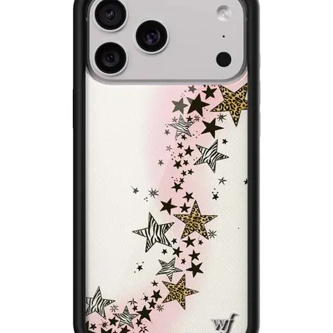 Wildflower x Katie Fang Collab Limited Edition Customized iPhone Cover - White Background with Pink Flower, Leopard, Zebra Print Stars, Raised Durable Protection, Screen Lift Bumper, Women's Owned Small Business Smartphone Accessory with Screen Protector