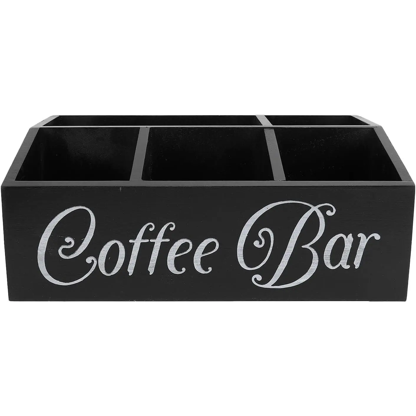 Wooden Coffee Station Organizer with 5 Compartments, Tilted Front Bins for Easy Access, Countertop Storage Basket for Coffee Pods Tea Sugar Cups, Black