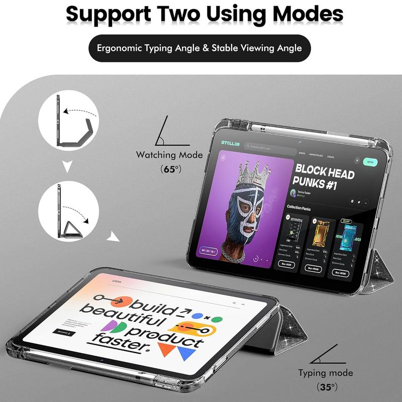 Case for iPad (a16) 11th gen &10th Generation with Pencil Holder, Cute Smart Tri-Fold Stand Slim Shiny Cover, Smooth Sparkly Glitter Crystal Clear Back Shell, Leather  pu Protective Tablet Computer Cases, Support Auto Wake protection , Black