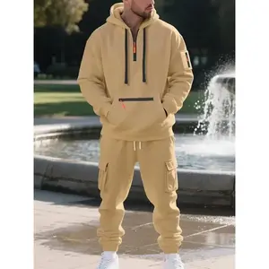 Men's Winter Heavyweight Fleece Lined Casual Set, Loose Fit Sporty Multi-Pocket Workwear Suit, Warm & Comfortable Outerwear