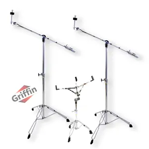 3 PACK - Cymbal Stand With Boom Arm & Snare Drum Stand Kit by GRIFFIN | Percussion Chrome Gear Hardware Set with Double Braced Legs | Counterweight Adapter for Mounting Crash, Ride, Splash Cymbals