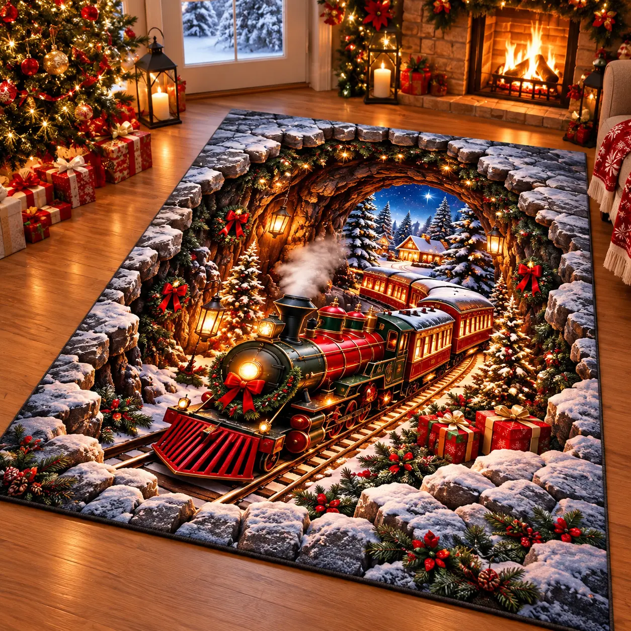 Christmas Train 3D Illusion Area Rug, Snowy Winter Tunnel Design, Festive Holiday Non-Slip Floor Mat, Christmas Living Room Bedroom Home Decor, Xmas Gift