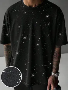 Men's Casual Short Sleeve Round Neck T-Shirt, Galaxy Starburst Texture, Regular Fit, Silver Color Fabric, Comfortable for Rave Wear