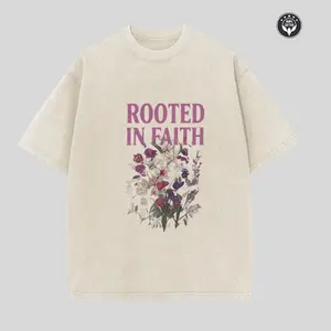 Unisex "Rooted In Faith" Inspirational Christian T-Shirt, Vintage Washed Black Floral Faith-Based Graphic Tee, Retro Wildflower Print Short Sleeve Crew Neck Casual T-Shirt