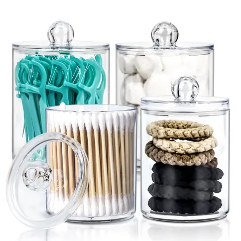 4-Pack Qtip Holder Dispenser - Small Clear Plastic Storage Jars Set for Bathroom Organization, Vanity Makeup Organizer