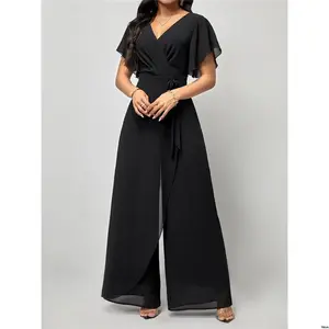 Women's jumpsuit with side knot wrapped buckle, butterfly sleeves and wide legs