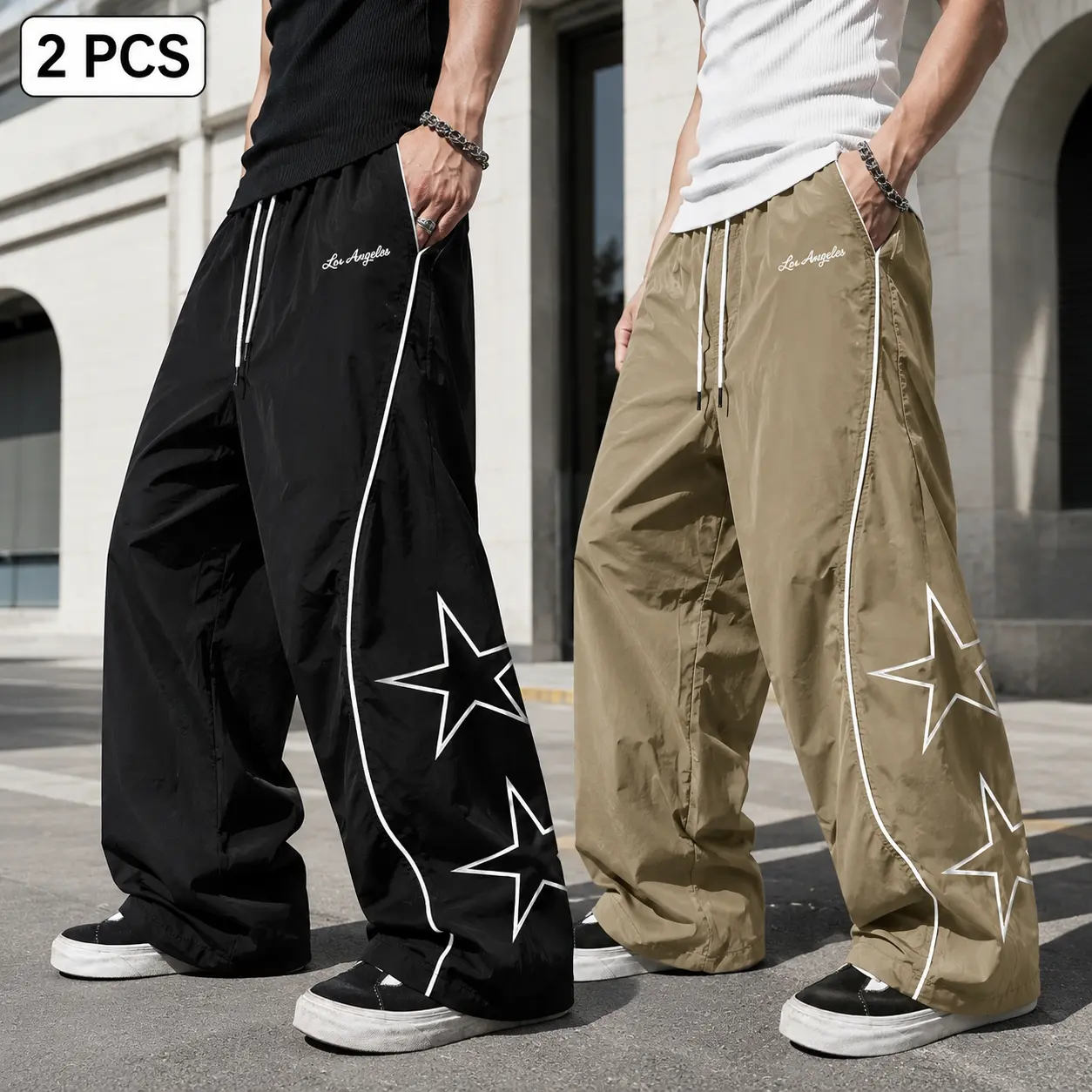 Pantalones para Hombre, Y2K Baggy Star Track Pants with Reflective Contrast Lines, Relaxed Wide Leg Silhouette and Elastic Drawstring Waist, Fashion Hip Hop Streetwear Trousers for Rap, Festival and Bold Urban Outfits Casual Menswear stripe side white