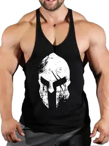 Men's Vintage Spartan Helmet Graphic Tank Top, Sporty Loose-Fit Sleeveless Shirt, Muscle Building Workout Wear, All Seasons