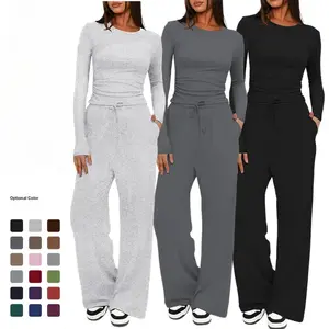 Popular solid color casual long-sleeved suit top high waist wide leg pants sportswear