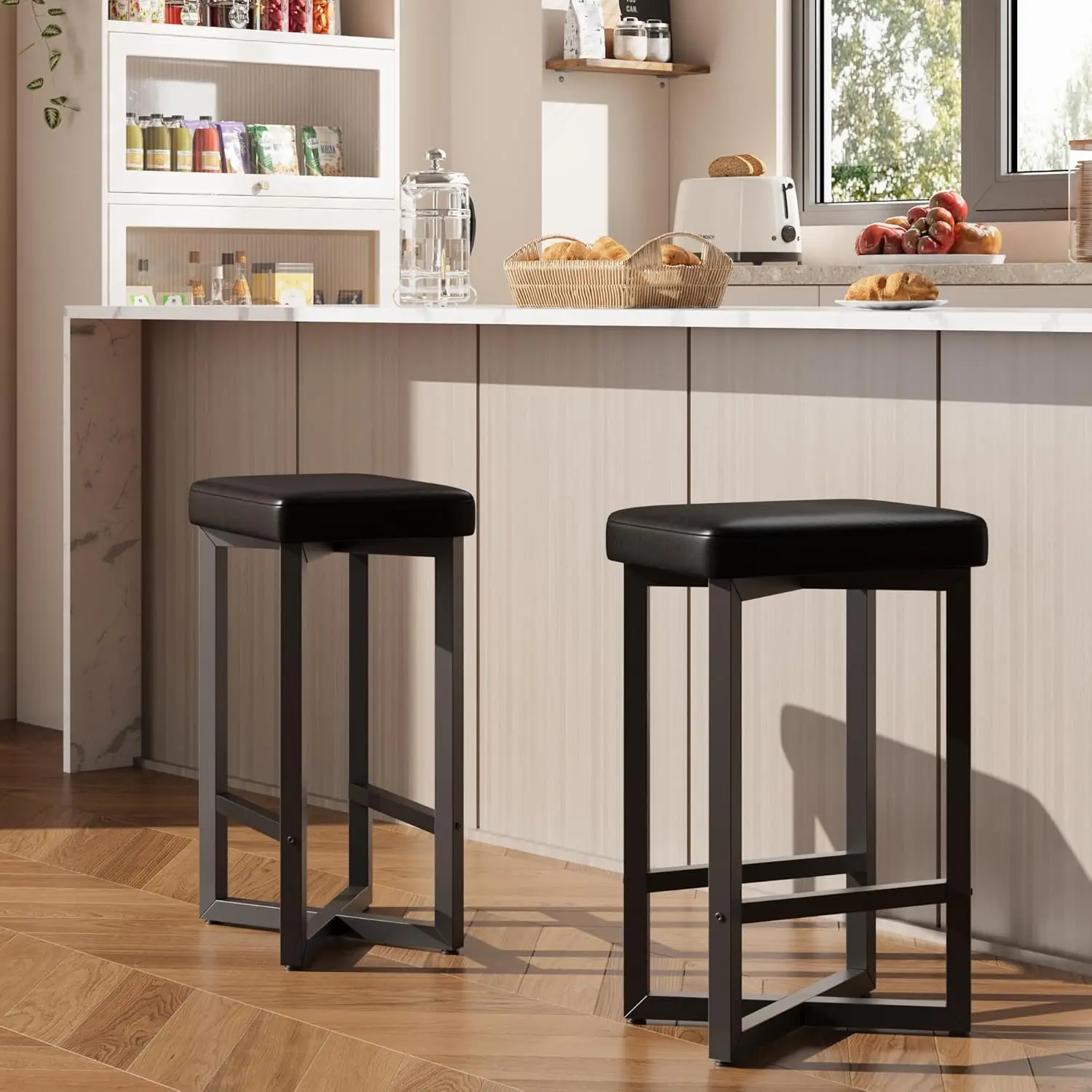 Gaomon Backless Bar Stools Set of 2, 24.6 in Counter Height Upholstered Faux-Leather Seats, Metal X-Frame Footrest, Sturdy Durable Modern Design, Modern/Contemporary Faux-Leather Dining Chairs for Kitchen Island, Home Bar, Modern Dining Chairs