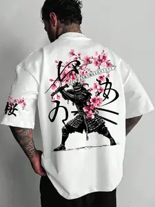 Unisex Japanese Ukiyo-E Samurai Cherry Blossom Short Sleeve Shirt, Fitted, Colorblock, Loose Shoulder Design, Casual Streetwear, Tee