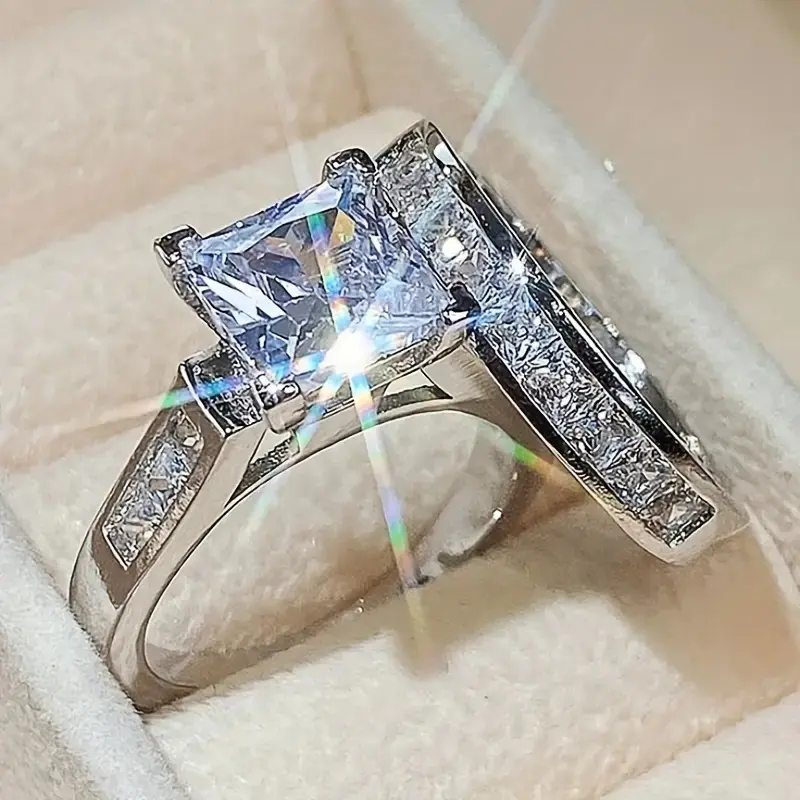 Luxurious Princess Square Diamond Couple Wedding Ring, Shining Square Diamond Engagement Ring, Elegant Couple's Love Ring, Anniversary Anniversary Bride Jewelry Gift, Fashionable TikTok Aesthetic Accessories, Silver-plated Eternal Ring