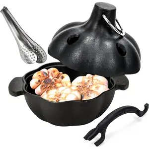 Cast Iron Garlic Roaster with Handle, Smoker Roaster, Garlic Cooker, Garlic Baking Tool, Garlic Roasting Pan, Potato Roaster, Mini Baking Pan, Suitable for Kitchen Oven or Outdoor BBQ