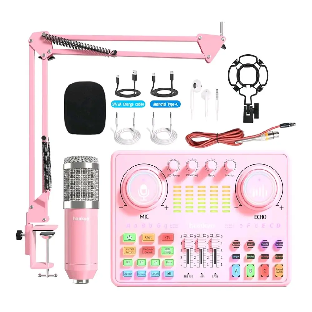 Podcast Equipment Bundle: Audio Interface & DJ20 Mixer with XLR Mic, Voice Changer, 2400mAh Battery for Podcasting, TikTok Live Streaming, and Gaming (Pink)